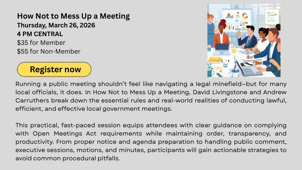 Flyer for Webinar How Not to Mess Up a Meeting. Click to register.