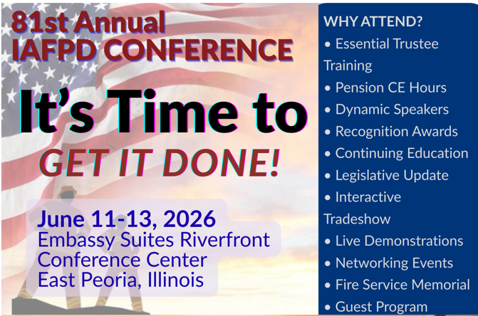 Flyer with firefighter and flag for IAFPD's 81st Annual Conference
